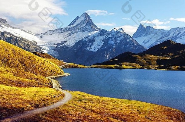 风景如画的视图巴查尔普湖湖瑞士阿尔卑斯山脉山<strong>雪山</strong>峰wetterhorn米特尔霍恩rosenhorn背景》剧组谷瑞士景观摄影