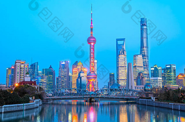 上海城市天际线视图摩天大楼浦东外白渡桥黄埔河中国