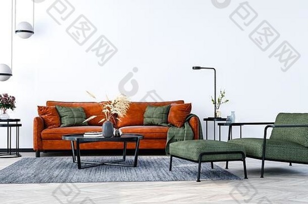 现代室内设计生活房间在室内公寓首页办公室明亮的橙色沙发新鲜的花现代室内细节白色墙