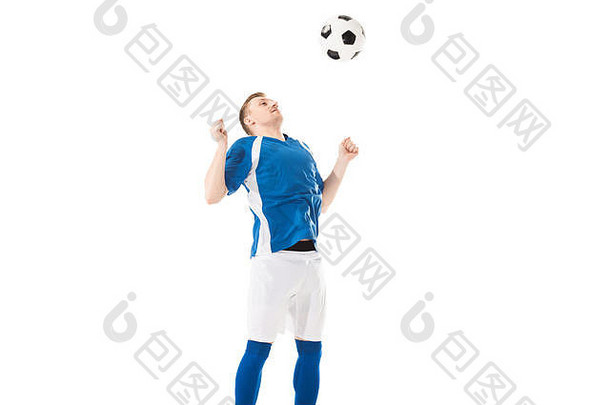 运动年轻的足球球员打球胸部孤立的白色