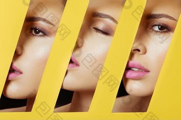 拼贴画女脸化妆四边形的孔黄色的纸全景拍摄