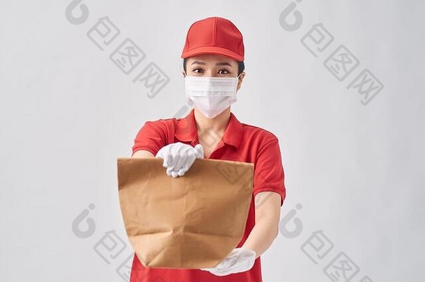 安全交付检疫女人红色的衣服脸面具手套纸袋