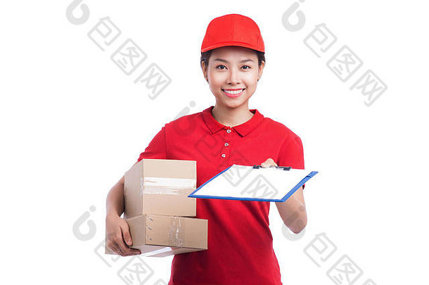 美丽的年轻的交付女人红色的t恤帽微笑持有文件夹使笔记白色背景