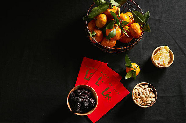 越南食物泰特假期春天小时传统的食物月球一年文本信封意味着快乐一年幸福