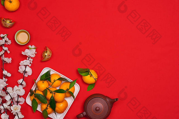 庆祝中国人一年背景橙色水果军舰<strong>红</strong>色的信封美丽的开花