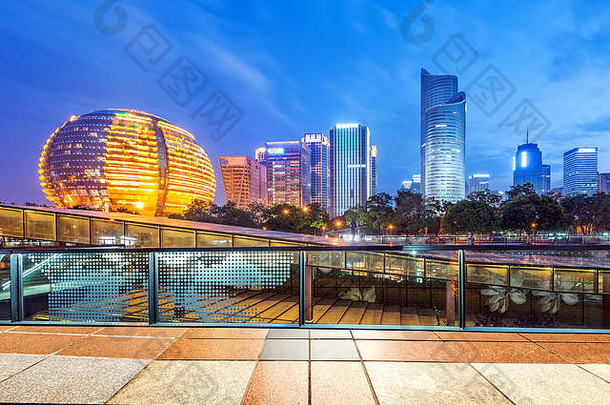 空大理石地板上城市景观天际线杭州
