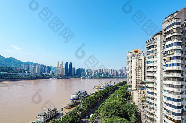 鸟的眼睛视图重庆的城市景观长江河四川中国