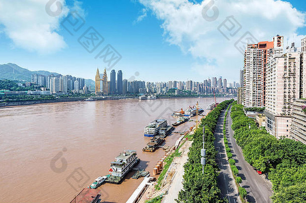 鸟的眼睛视图重庆的城市景观长江河四川中国