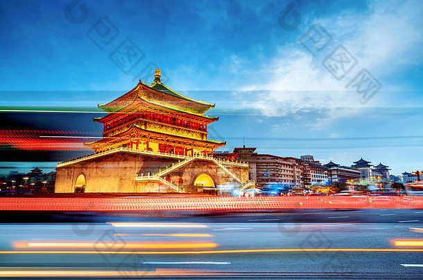 西安开始点古老的丝绸路美丽的贝尔塔晚上中国