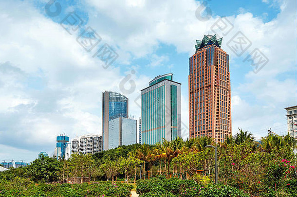 郁郁葱葱的绿色植物高建筑中国海口