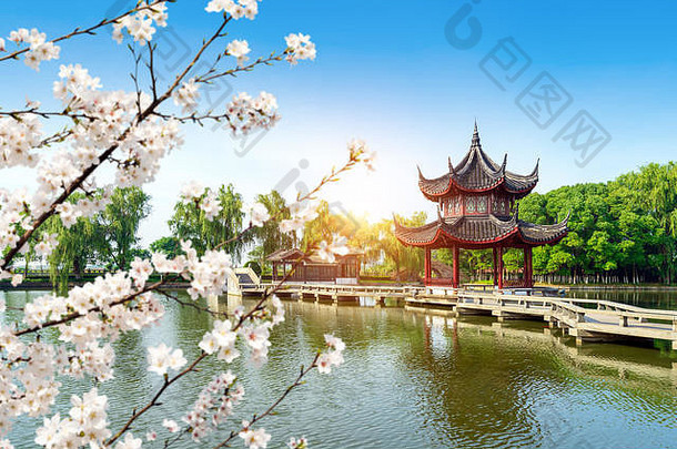 中国人传统的体系结构弯曲的桥梁一般发现花园