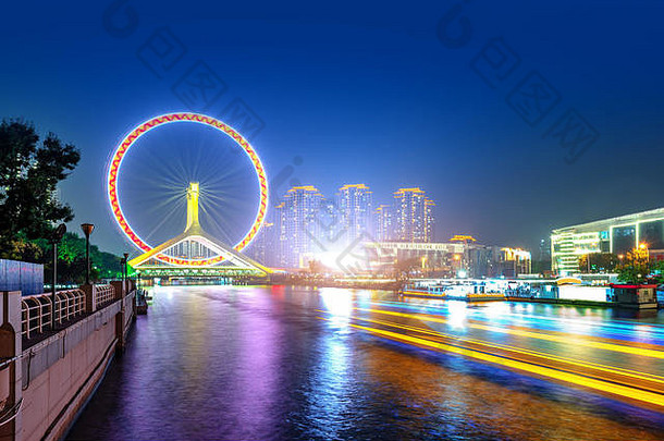 晚上场景城市景观天津摩天轮天津眼睛《暮光之城》时间现代受欢迎的具有里程碑意义的天津城市