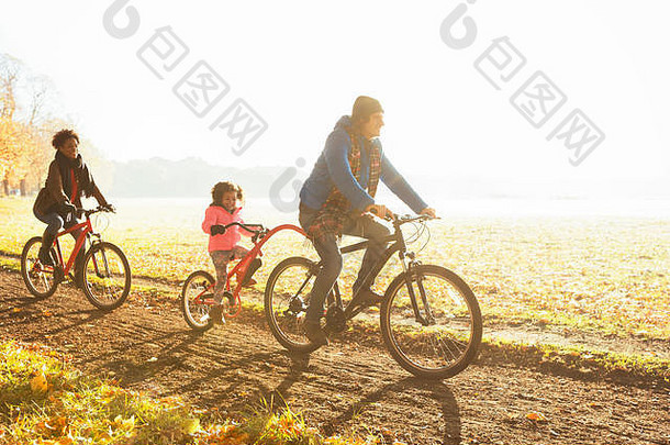 年轻的家庭自行车骑路径阳光明媚的秋天公园