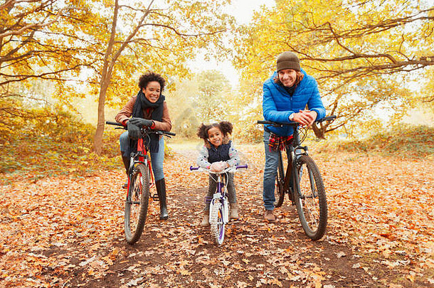 肖像微笑年轻的家庭自行车骑秋天公园