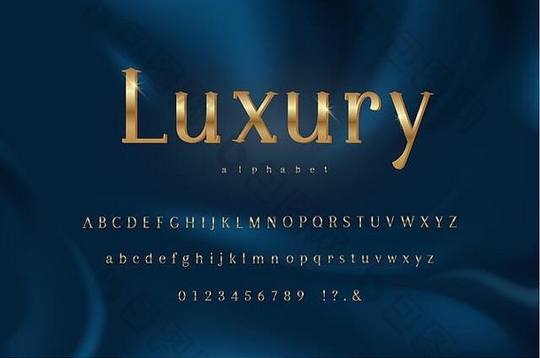 奢侈品金主题字母字体。集大写字母小写字母数字黑暗蓝色的背景