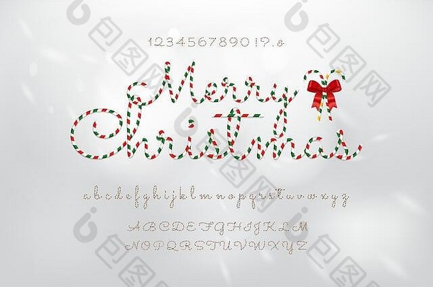 圣诞节主题canday狗模式字母字体。集数字大写字母小写字母白色灰色的背景
