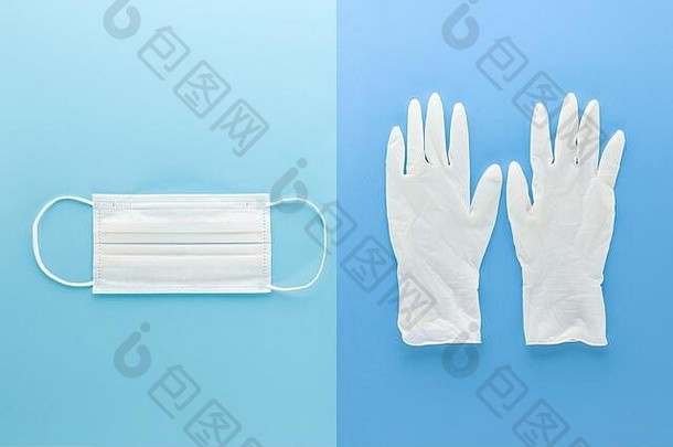 白色医疗面具清洁橡胶手套保护冠状病毒流感大流行前视图光蓝色的背景