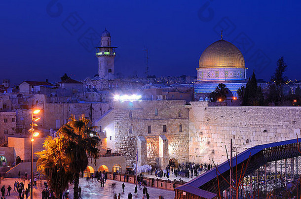 夜间视图西方墙圆顶岩石神圣的网站城市耶路撒冷以色列