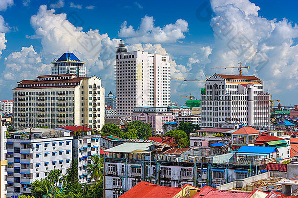 仰光缅甸市中心核心天际线