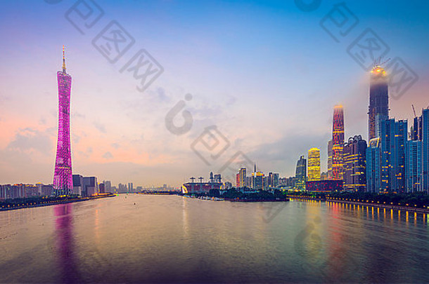 广州中国城市天际线全景珍珠河