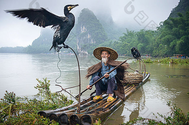 贪婪的人渔夫鸟河yangshuo广西中国
