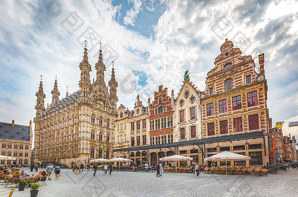 全景视图历史城市鲁汶美丽的阳光明媚的一天蓝色的天空云弗兰德斯地区比利时