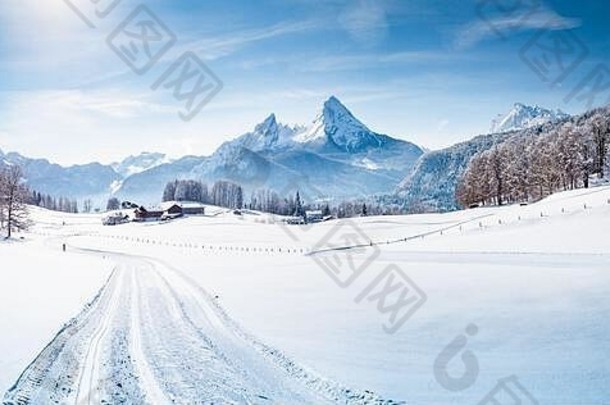 风景优美的冬天仙境山风景阿尔卑斯山脉越野滑雪跟踪冷阳光明媚的一天蓝色的天空云