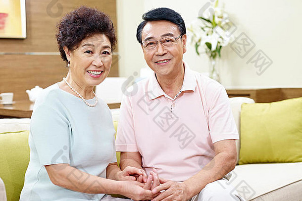 肖像高级亚洲夫妇坐着沙发上相机微笑