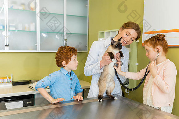 可爱的红色的头发的女孩听诊猫诊所医生持有猫