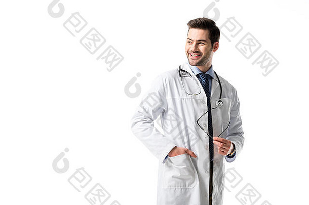 微笑儿科医生穿白色外套听诊器孤立的白色