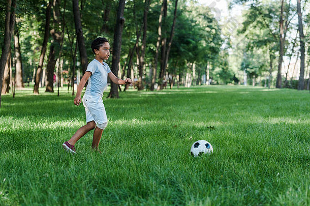 可爱的非洲美国孩子玩足球绿色草