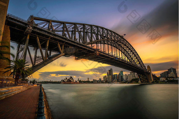 日落天际线<strong>悉尼</strong>市中心港口桥新南威尔士州澳大利亚长曝光