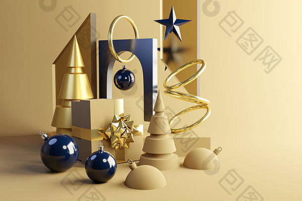 当代圣诞节背景摘要形状树礼物黄金插图