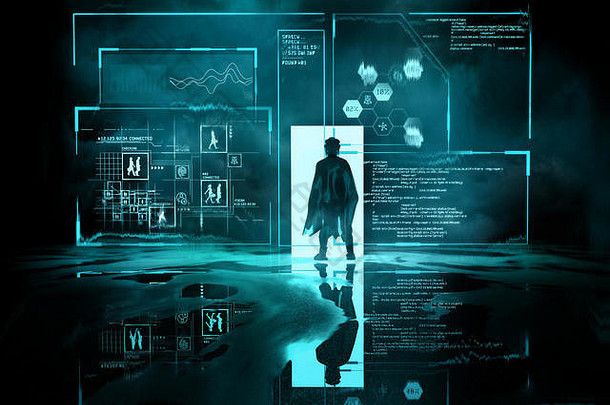 宇航员阅读预计数据信息未来主义的电脑大屏幕