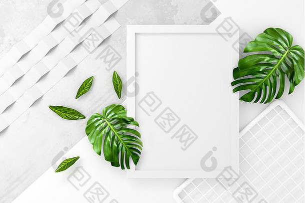 清洁最小的广告空间白色照片框架绿色叶子插图渲染