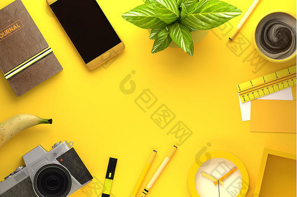 黄色的主题前视图业务桌面智能手机办公室配件杂志咖啡零食插图渲染