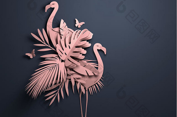 折叠纸艺术折纸热带背景火烈鸟插图