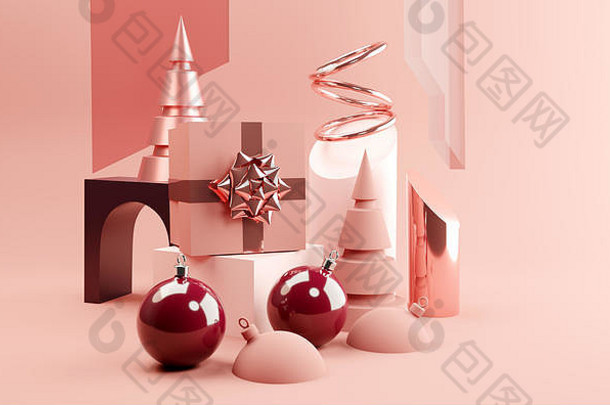 当代圣诞节<strong>背景</strong>布局摘要形状树礼物粉红色的插图