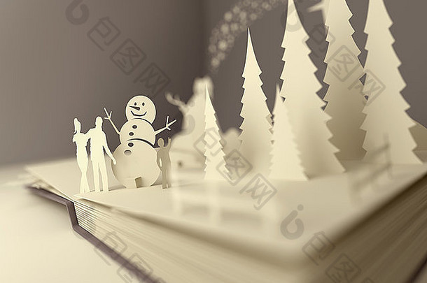 弹出书圣诞节故事风格弹出书圣诞节主题包括家庭建筑雪人冬天森林