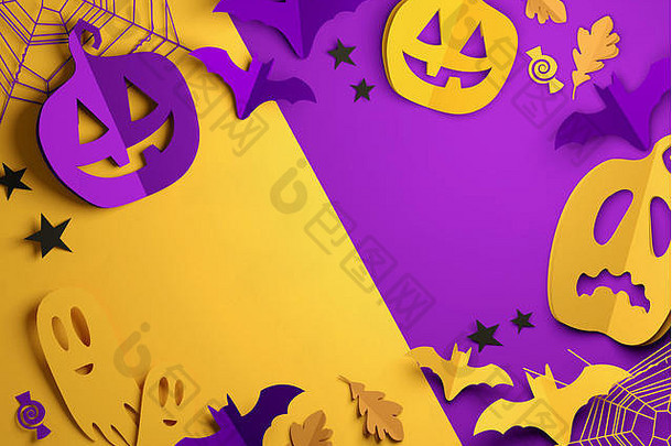 折叠纸艺术折纸紫色的橙色万圣节背景减少南瓜纸蝙蝠鬼魂装饰插图