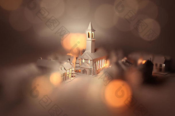 节日圣诞节村中心教堂圣诞节夏娃发光的街灯装饰插图