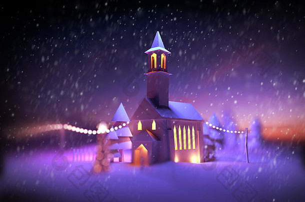 节日教堂场景圣诞节装饰灯降雪插图