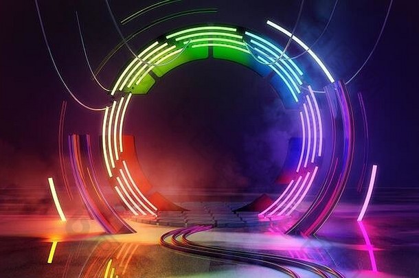 Futuristc五彩缤纷的霓虹灯循环灯空阶段背景概念插图