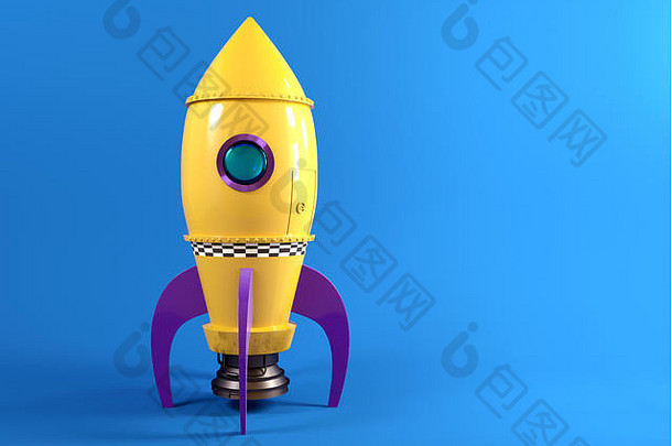 复古的黄色的玩具宇宙飞船火箭集蓝色的背景准备好了发射插图