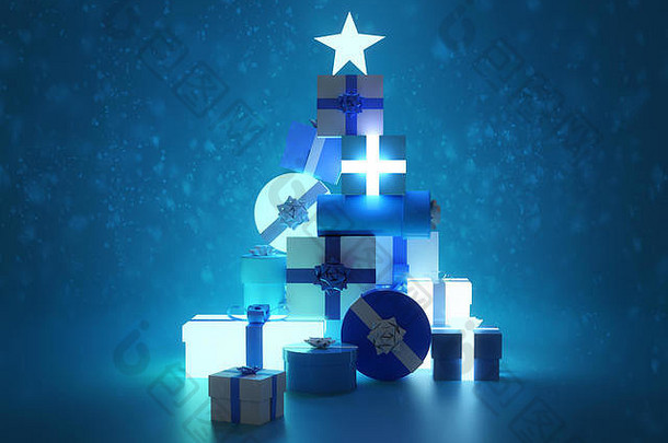 蓝色的发光的节日圣诞节树使包装圣诞节礼物礼物插图