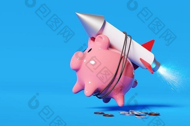 超级充电储蓄粉红色的小猪银行绑在火箭启动空气钱储蓄概念插图