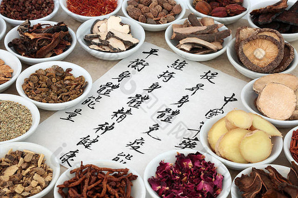 传统的中国人药用草选择瓷碗书法脚本大米纸翻译描述了中国人Herbal医学
