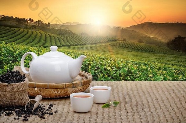 温暖的杯茶茶壶绿色茶叶子干草本植物竹子席早....种植园背景空空间有机产品
