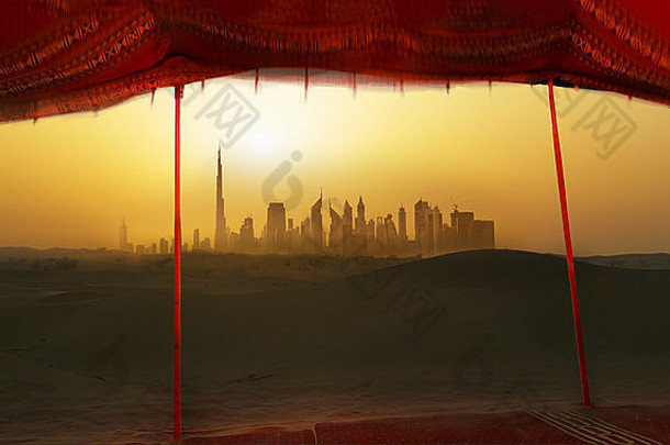 未来主义的城市景观贝都因人帐篷迪拜曼联阿拉伯阿联酋航空公司