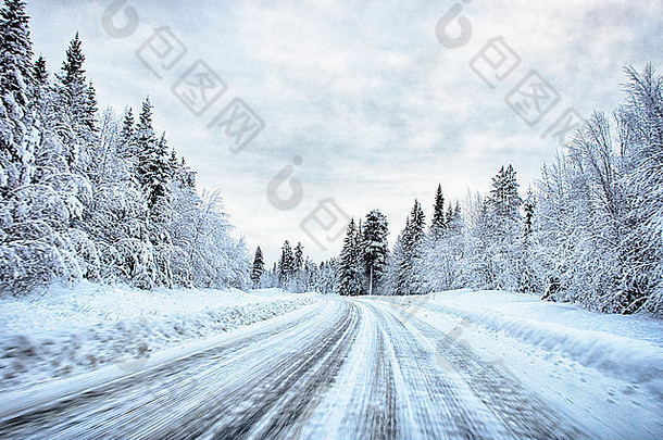 视图雪覆盖森林高速公路赫玛旺瑞典